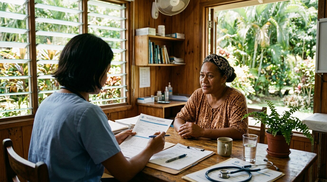 Counsellor reviewing intake assessment with client at tropical residential rehab facility