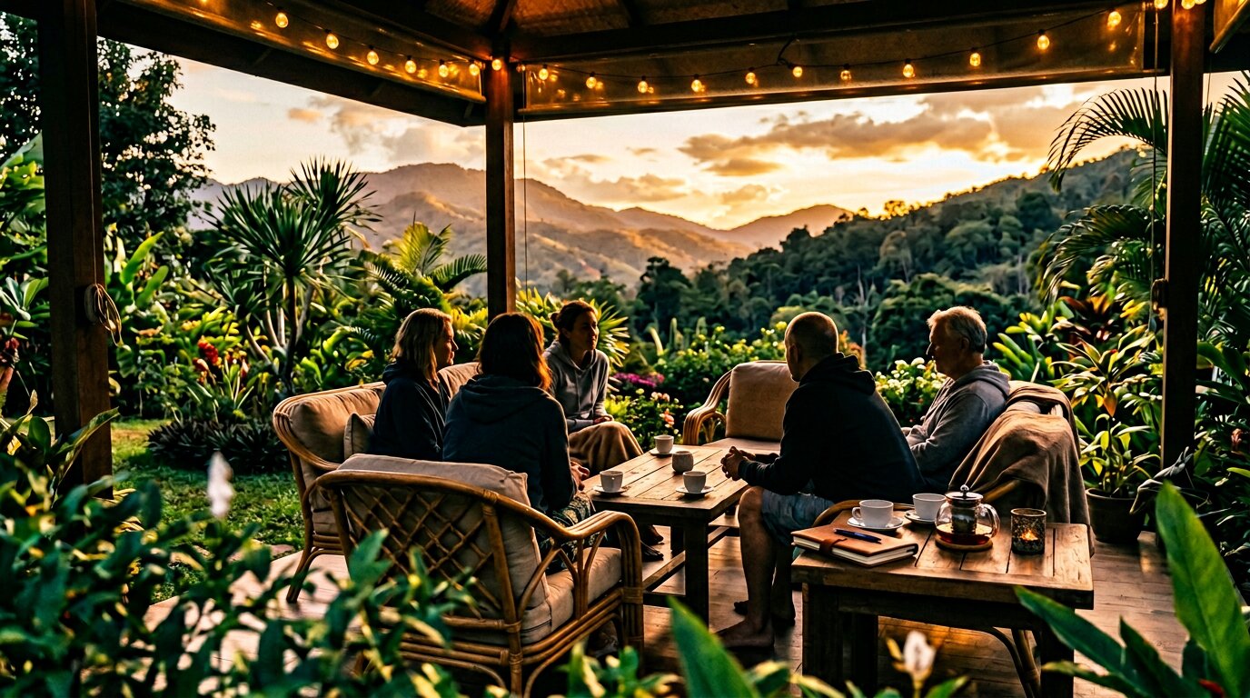 Small group gathered for evening recovery discussion at outdoor seating area with sunset mountain view