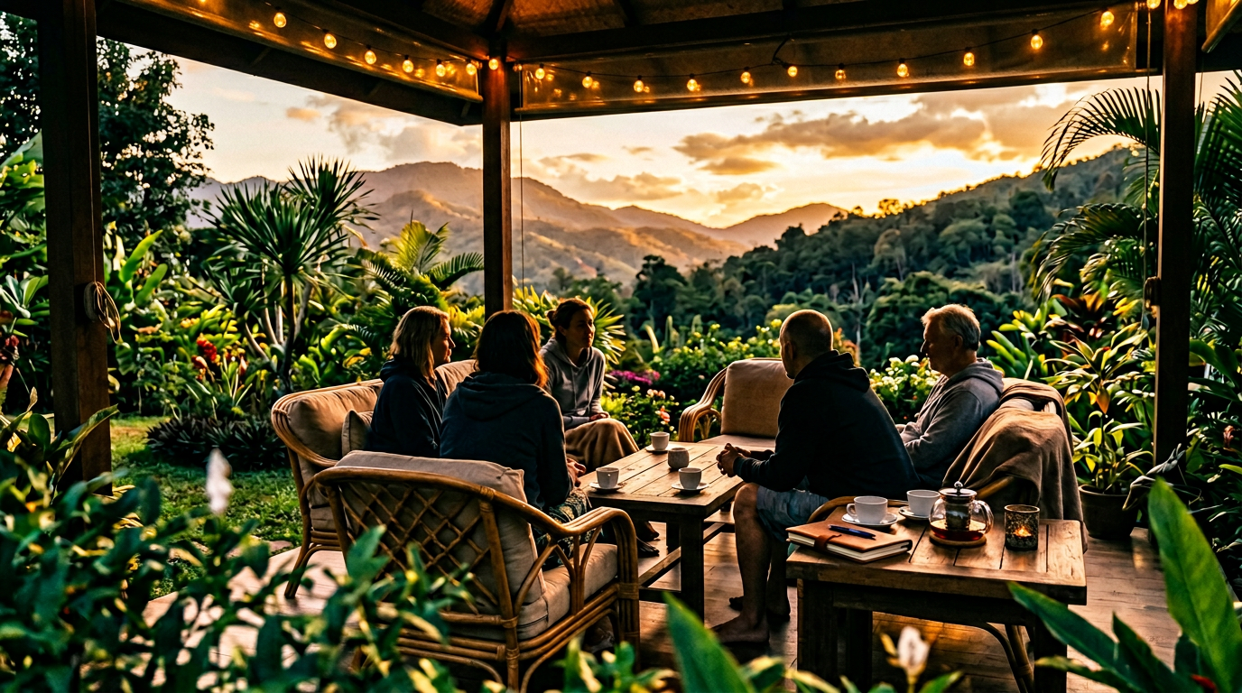 Small group gathered for evening recovery discussion at outdoor seating area with sunset mountain view