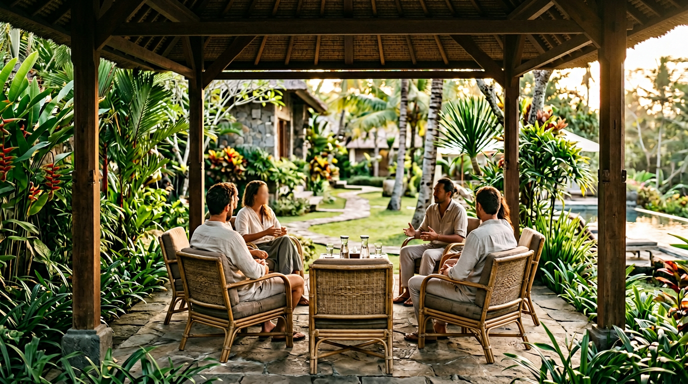 Small group therapy session in open-air pavilion surrounded by tropical gardens