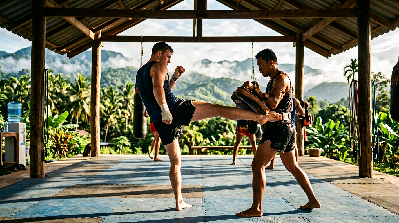 Two people practicing Muay Thai pad work at open-air gym with Chiang Mai mountains in background