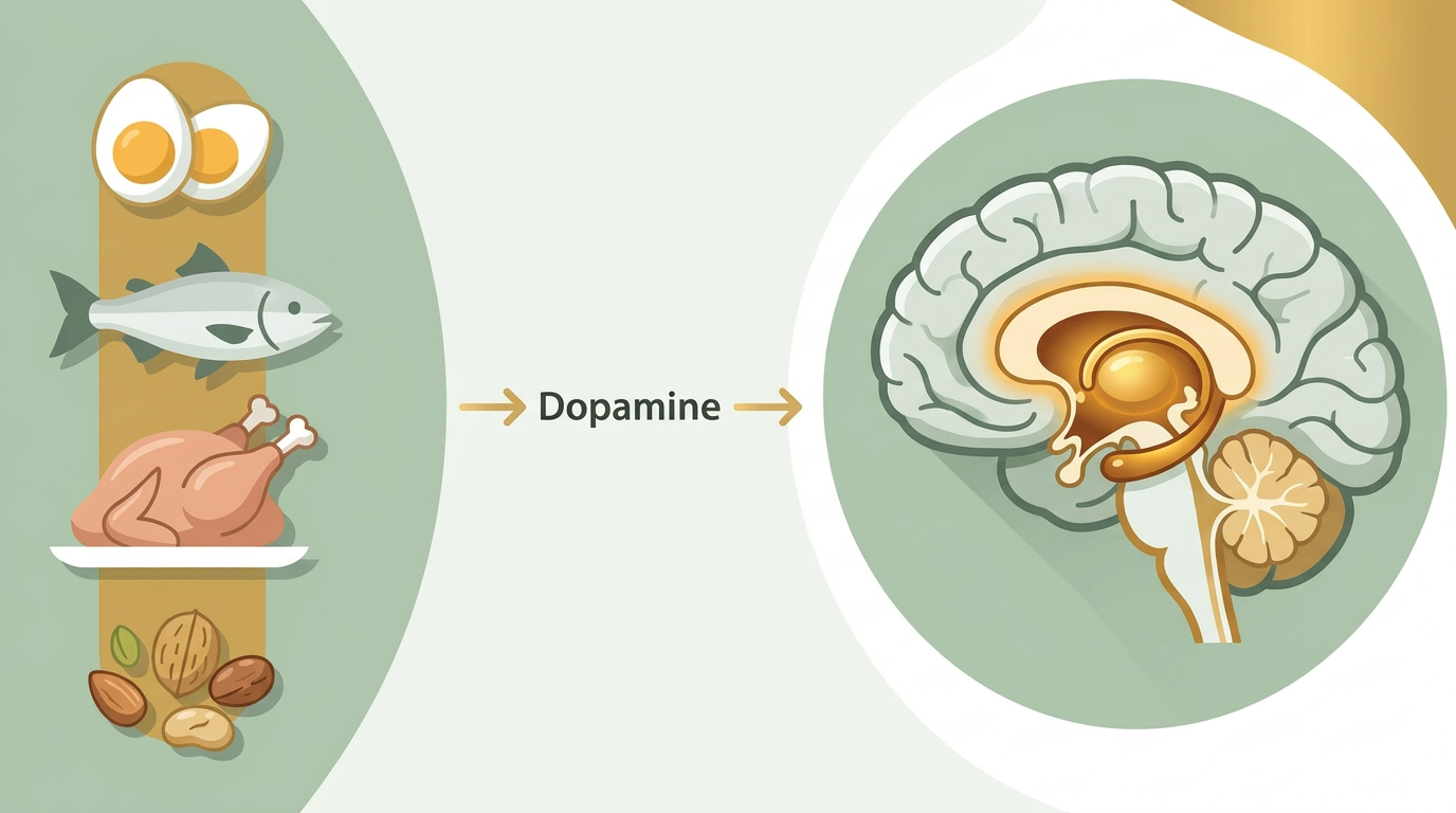 Infographic showing how protein foods provide tyrosine which converts to L-DOPA then dopamine in the brain