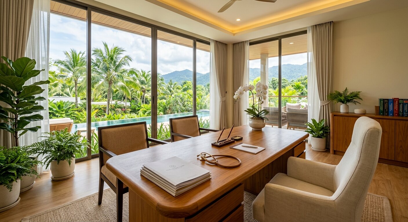 Warm medical consultation room overlooking tropical gardens at a Thai rehabilitation centre
