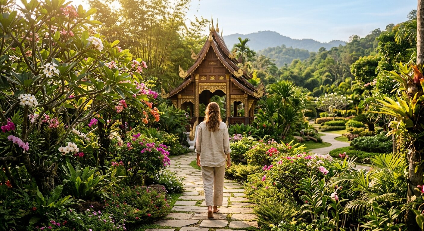 Person walking toward a Thai pavilion through lush tropical gardens, symbolising the recovery journey