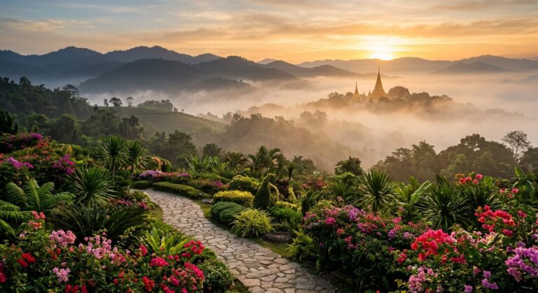 Misty sunrise over Chiang Mai mountains and temples, symbolising hope in alcohol detox recovery