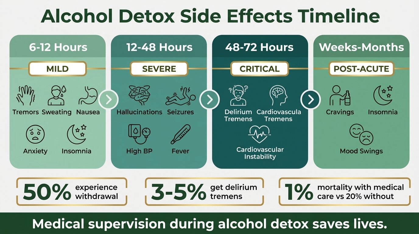Infographic showing alcohol detox side effects timeline from 6 hours to months, with key statistics on withdrawal severity