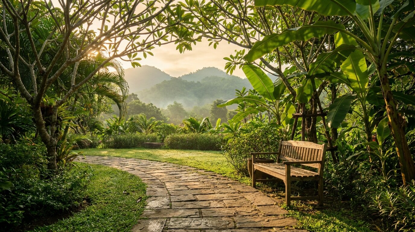 Garden path leading toward mountains representing the continuum from alcohol detox into rehab