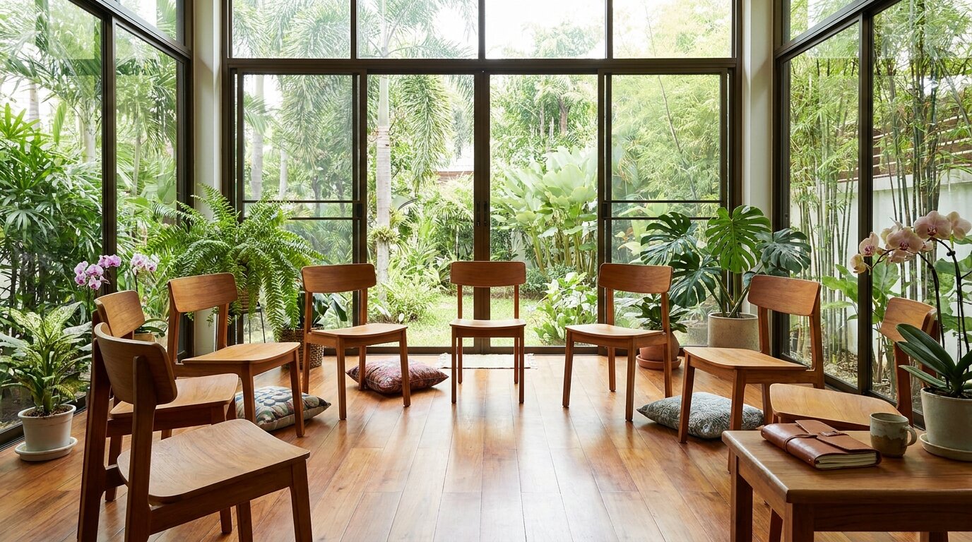 Group therapy room in a residential alcohol rehab programme overlooking a Thai garden