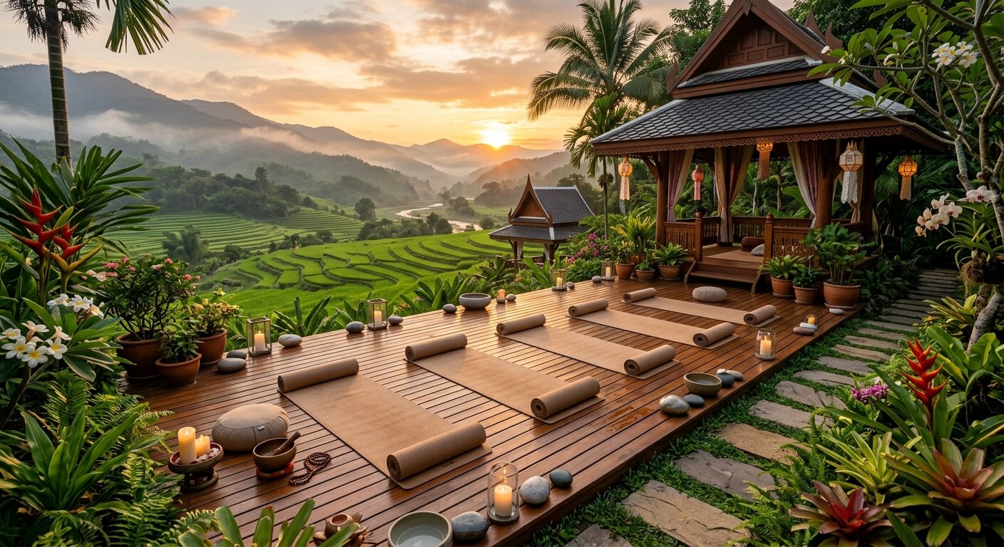 Yoga mats on a wooden deck overlooking mountains and rice paddies at golden hour in Chiang Mai