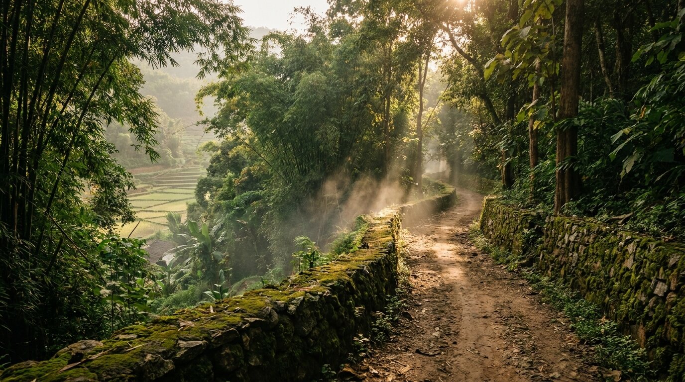 Forest path climbing through northern Thai hills representing the cocaine recovery journey