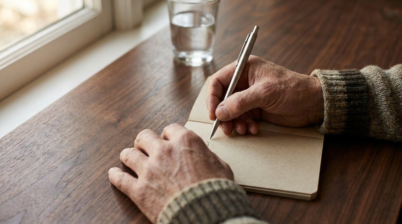 Hands writing in a notebook representing self-assessment of cocaine use patterns