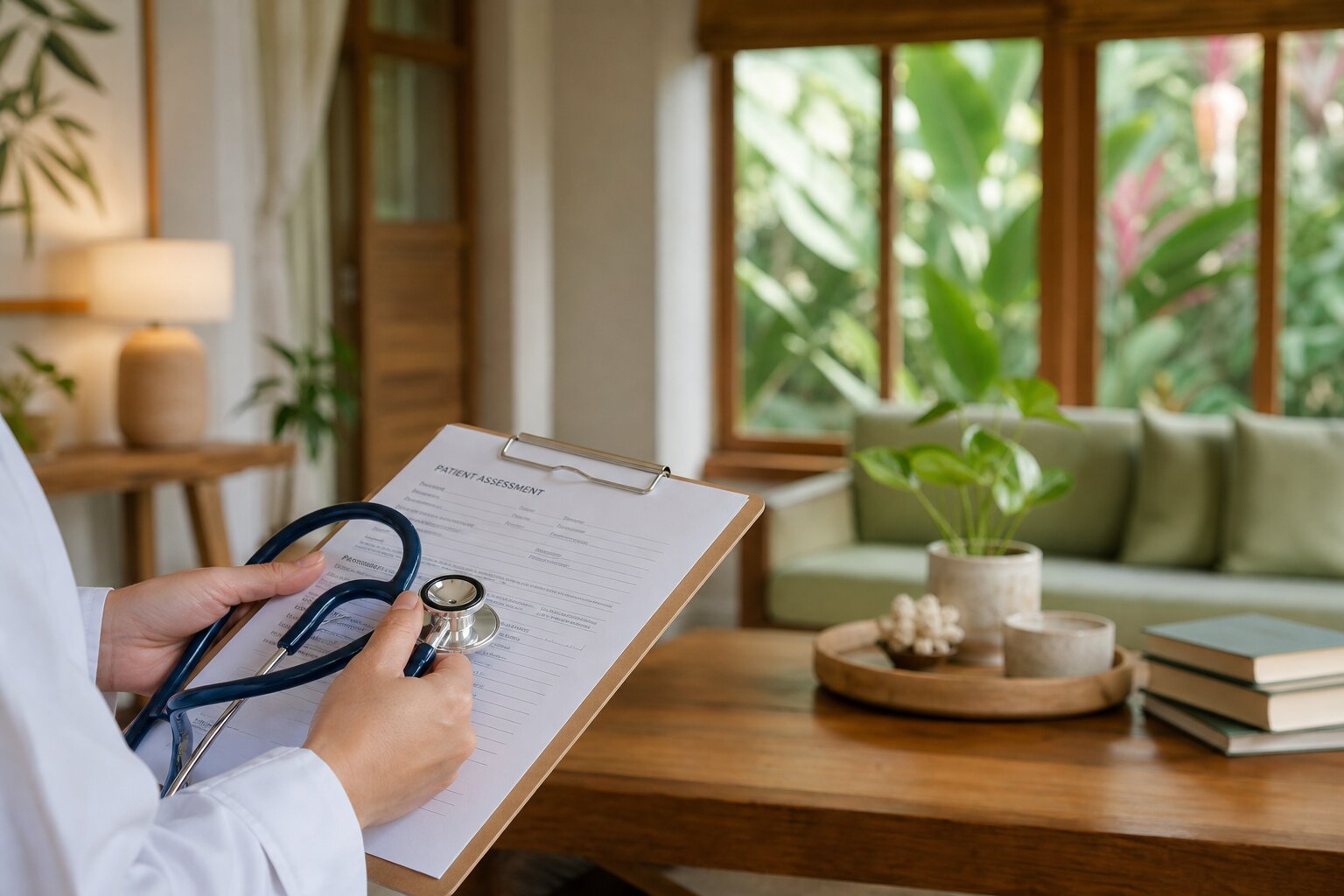 Medical professional holding stethoscope and clipboard in a welcoming treatment facility during cocaine and alcohol detox assessment