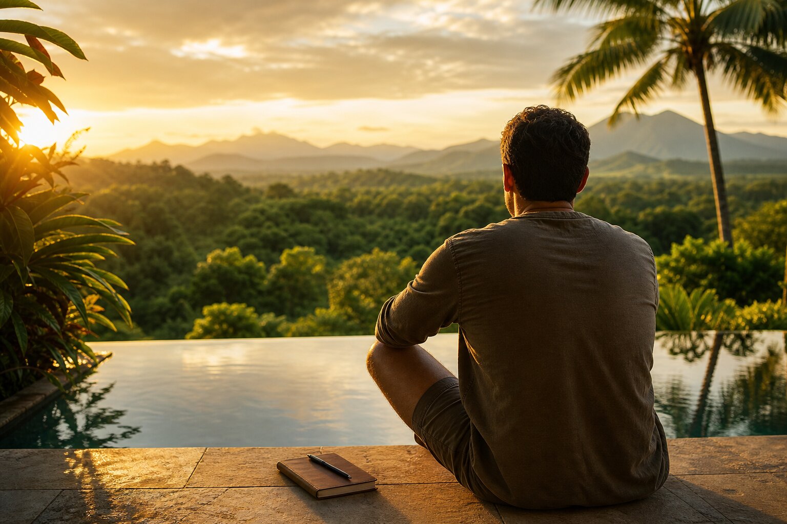 Person sitting by a pool at golden hour overlooking mountains reflecting on recovery from cocaine and alcohol addiction