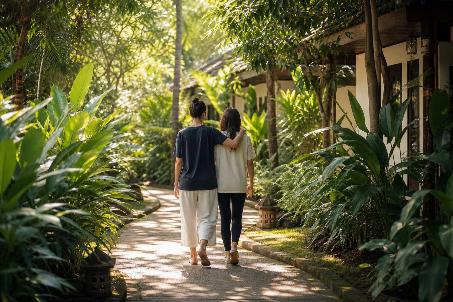 Two people walking together along a garden path at a tropical addiction treatment centre in Thailand