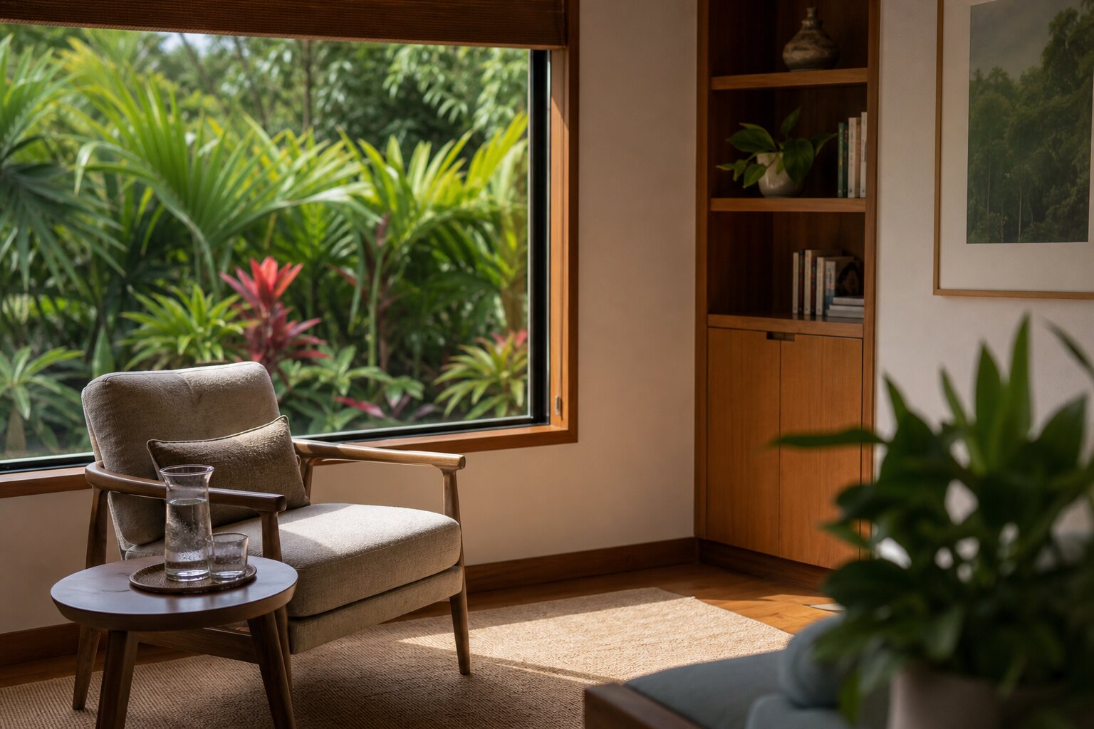 Warm therapy room with comfortable chair overlooking tropical gardens at a residential rehab facility