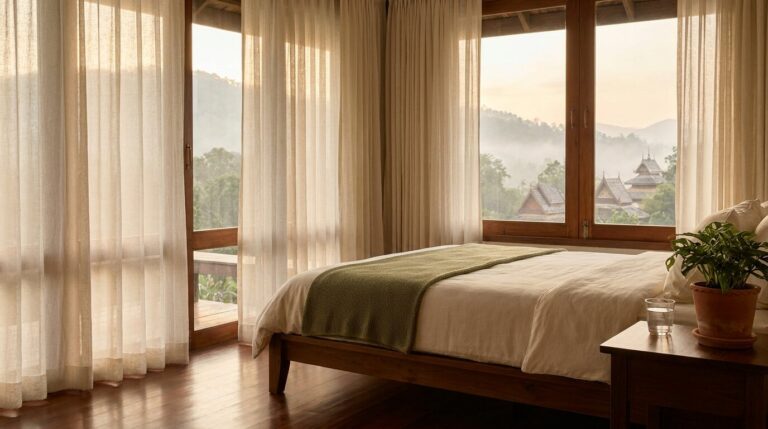 Quiet bedroom at a Thailand detox centre overlooking Chiang Mai mountains