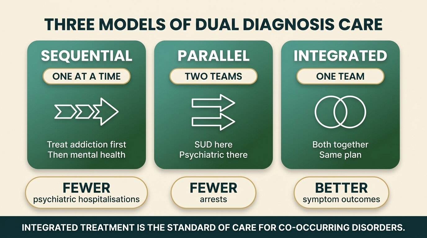 Infographic comparing sequential, parallel, and integrated dual diagnosis treatment models