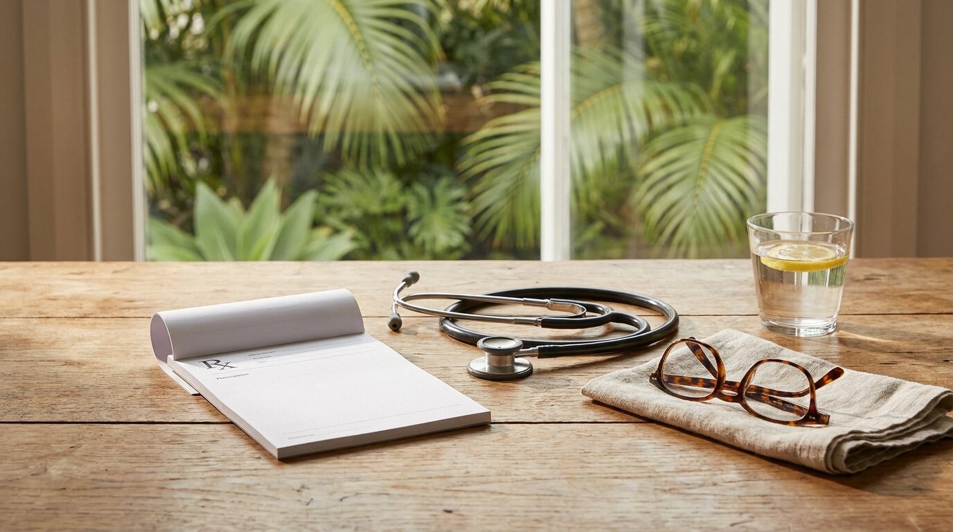 Wooden desk with prescription pad and stethoscope representing psychiatric medication management in dual diagnosis treatment