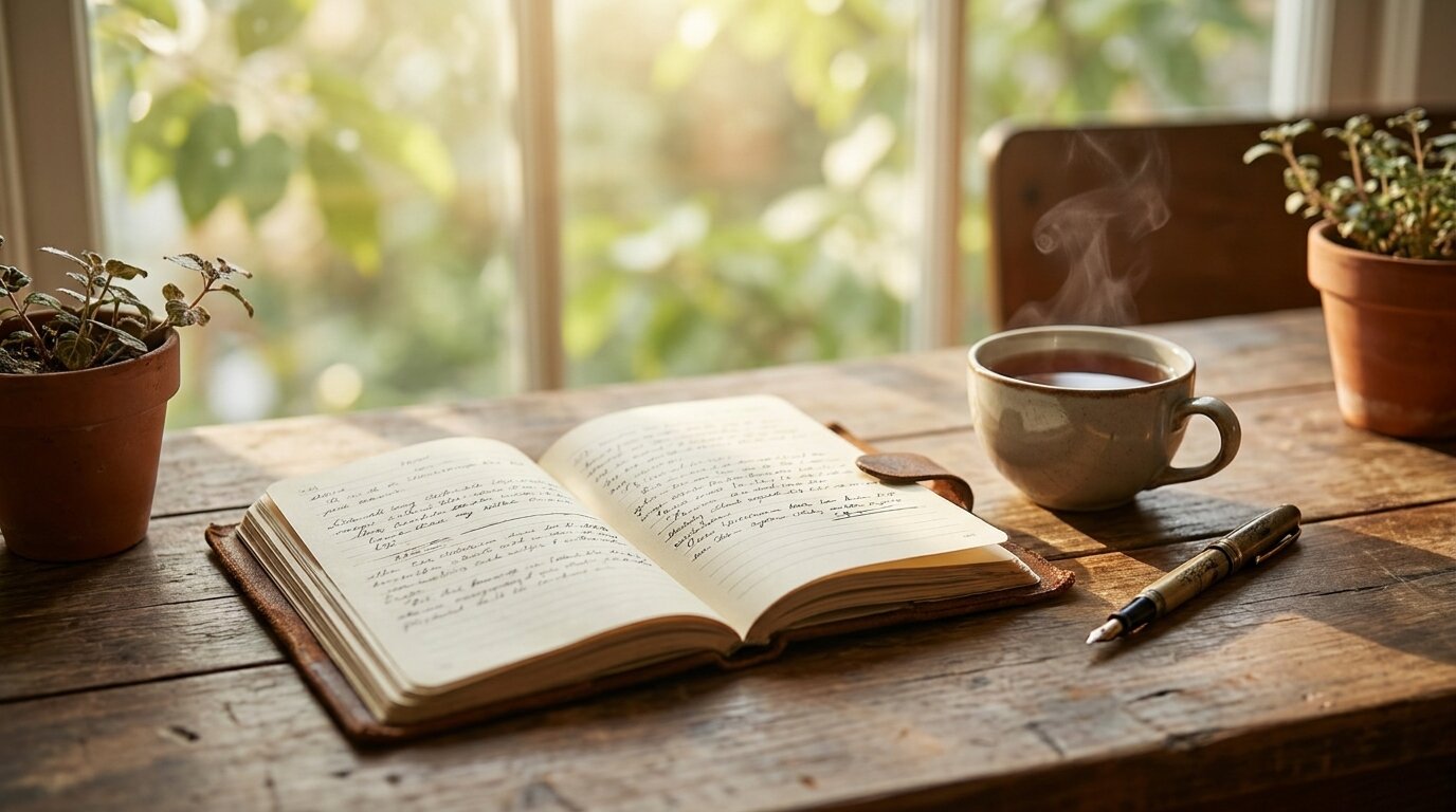 Desk with therapy notes and tea representing personalised dual diagnosis case formulation