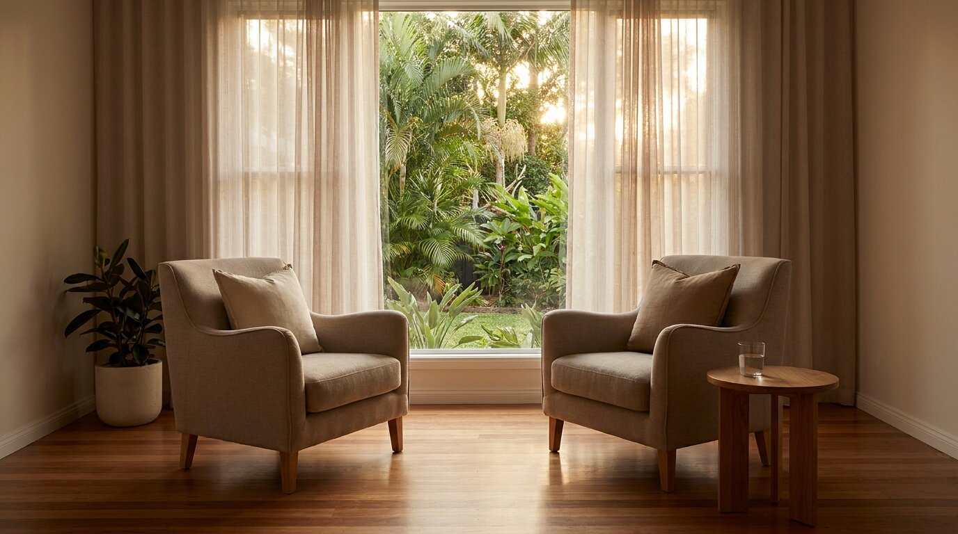 Quiet therapy room with chairs facing each other for dual diagnosis individual therapy sessions