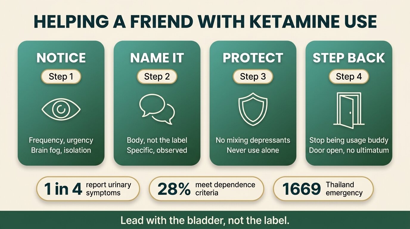 Infographic showing four steps to help a friend with ketamine dependency: notice, name it, protect, step back