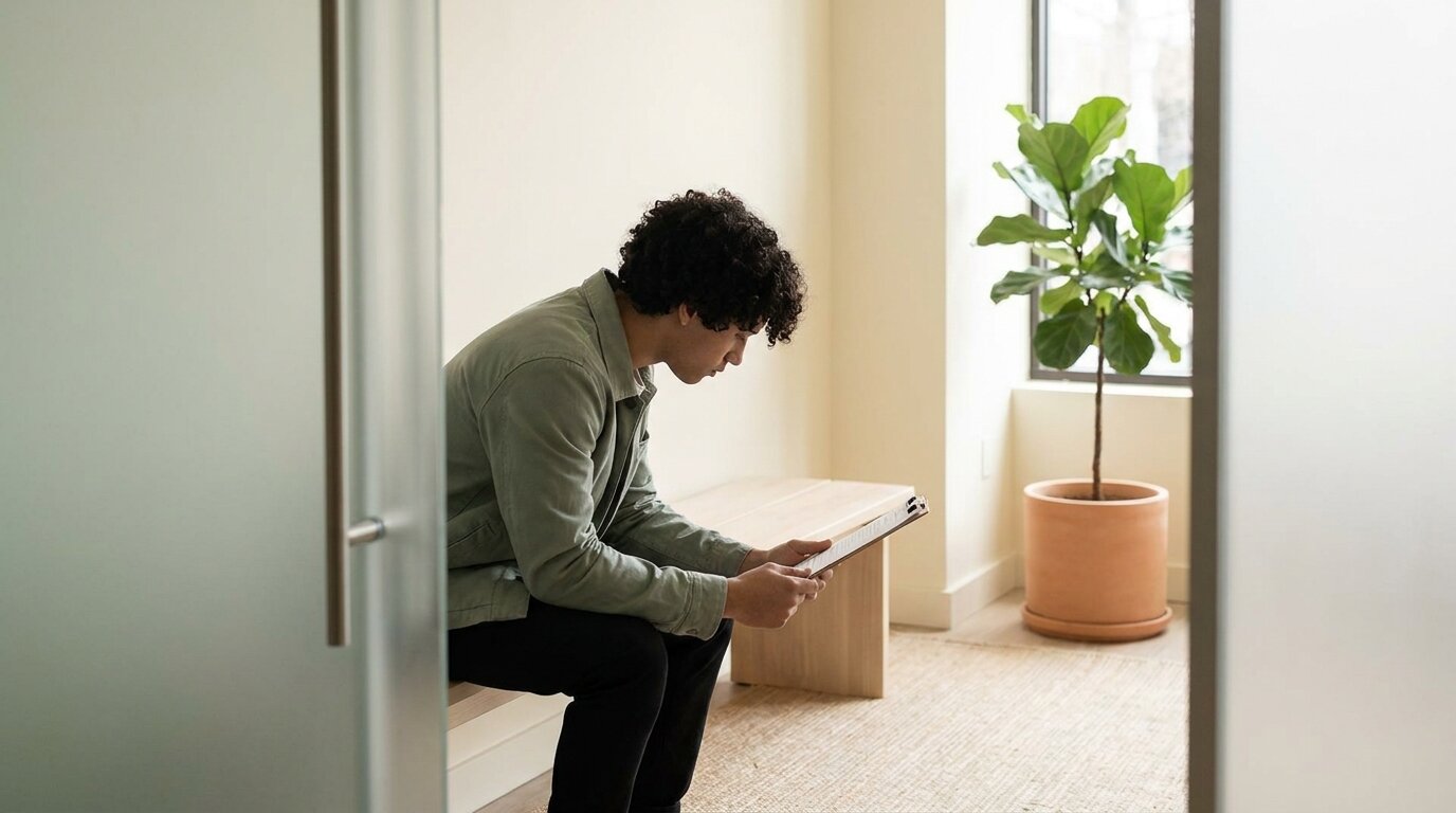 Young person in a clinic waiting room for a urology appointment about ketamine bladder symptoms