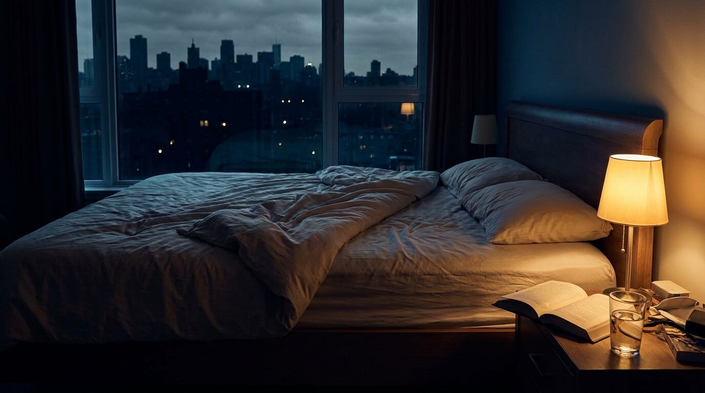 Bedside lamp lit at 3am with one side of bed empty, suggesting sleep disruption from cocaine use