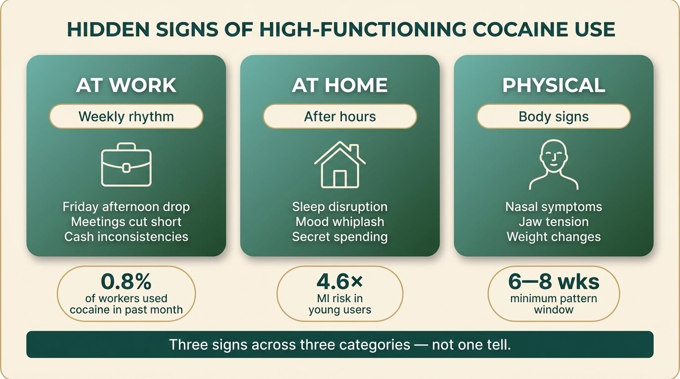 High functioning cocaine user signs infographic — work, home, and physical patterns