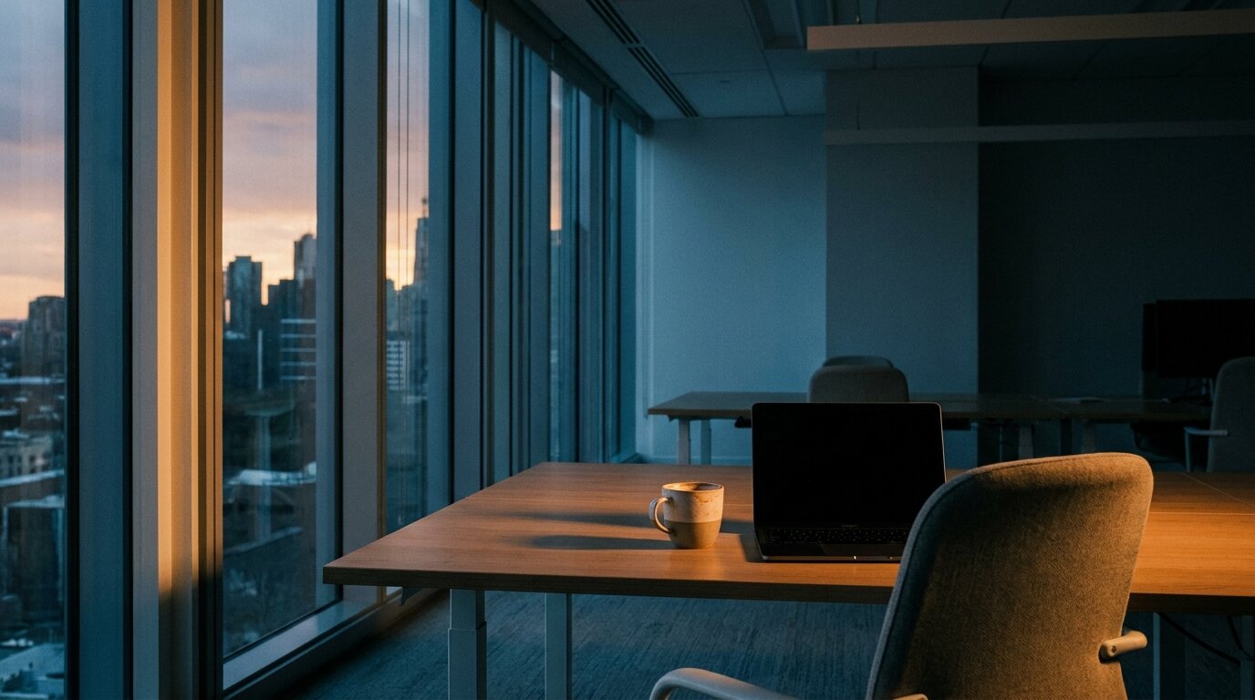 Empty modern office at dusk suggesting a Friday afternoon productivity decline