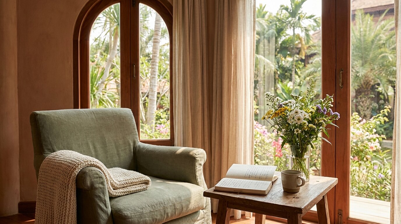Calm reading nook representing dual diagnosis treatment for co-occurring alcohol and mental health conditions