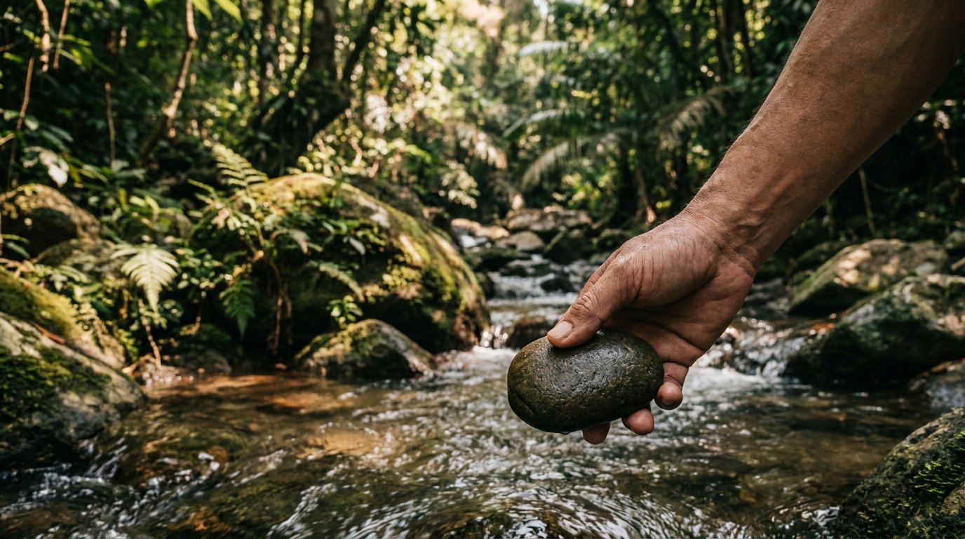 Hand holding a stone over flowing water symbolising the decision to enter inpatient alcohol rehab