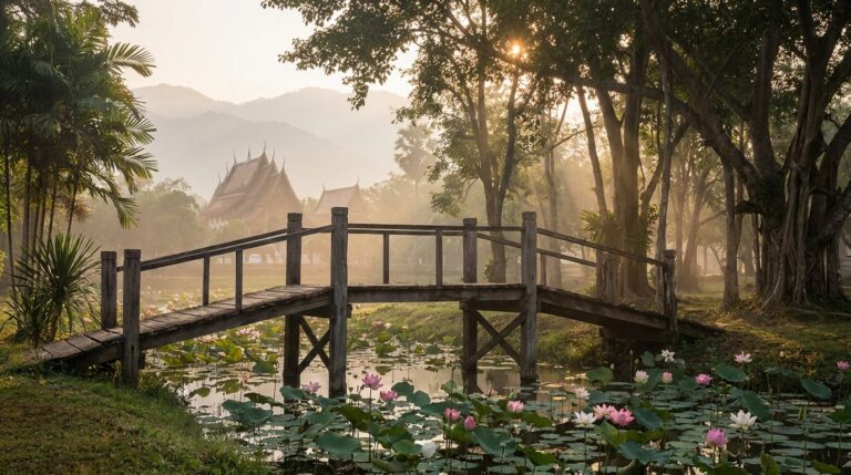 Tranquil bridge over lotus pond at Thai temple symbolising calm of inpatient alcohol rehab