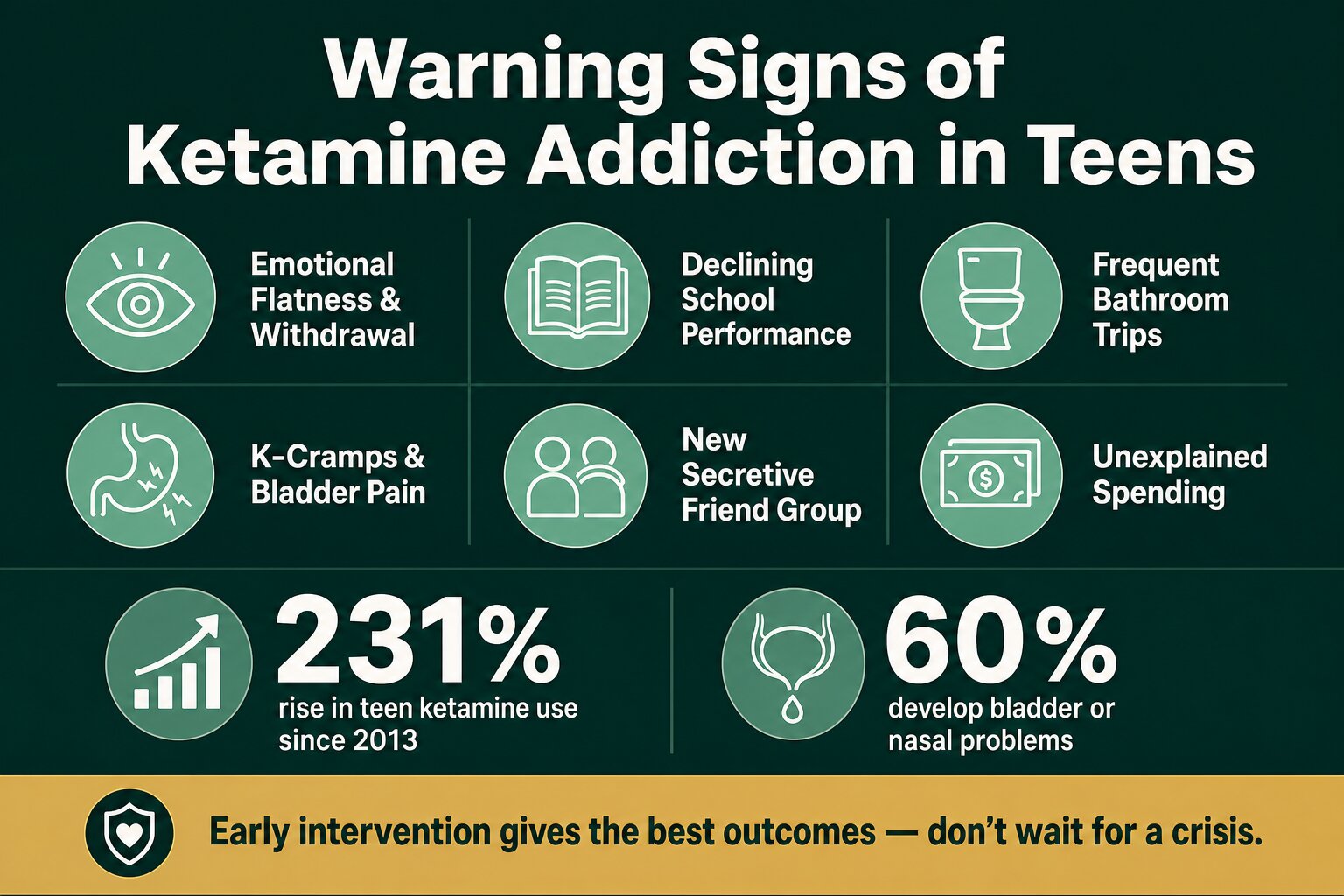 Infographic showing six warning signs of teen ketamine addiction with statistics on rising use