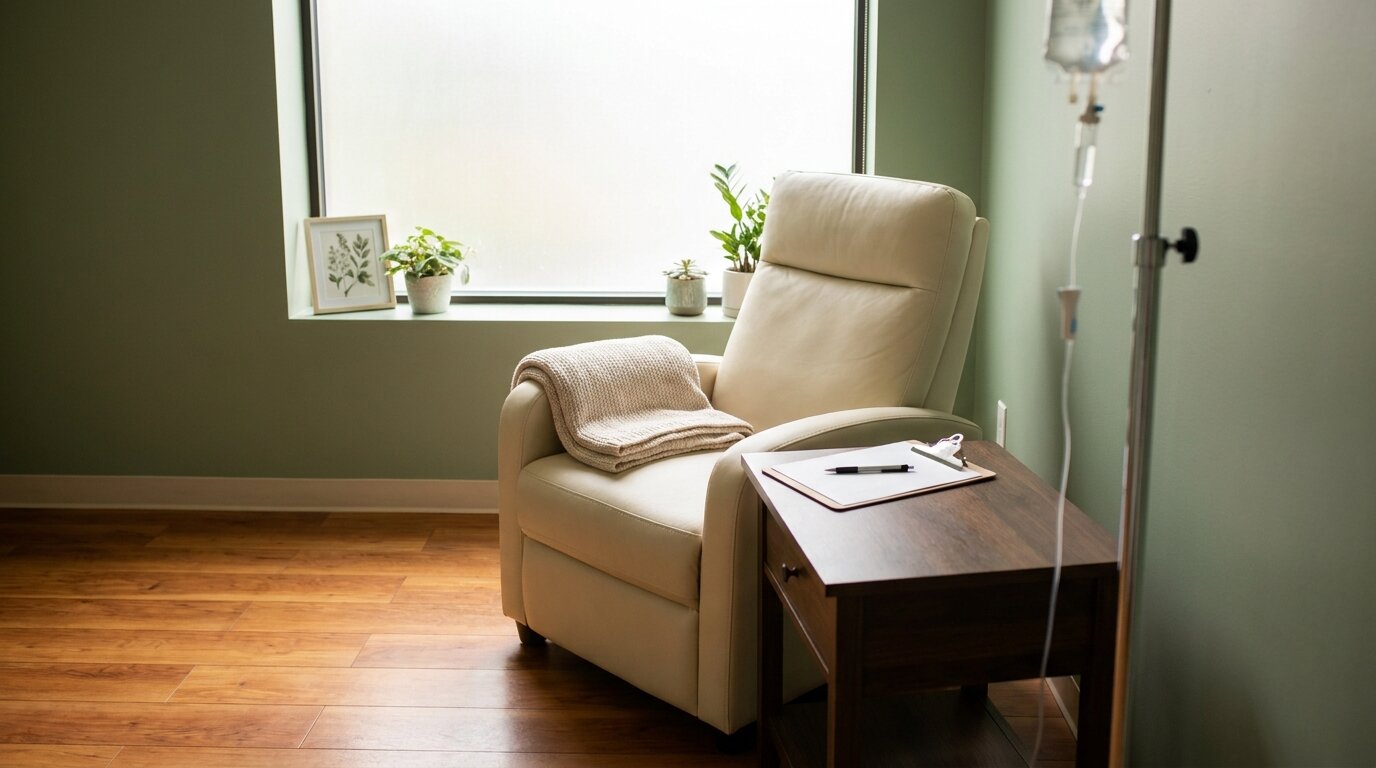 Quiet supervised infusion clinic room showing the medical ketamine setting