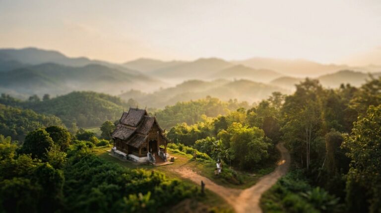 Calm mountain temple at golden hour representing the difference between recreational ketamine vs medical ketamine