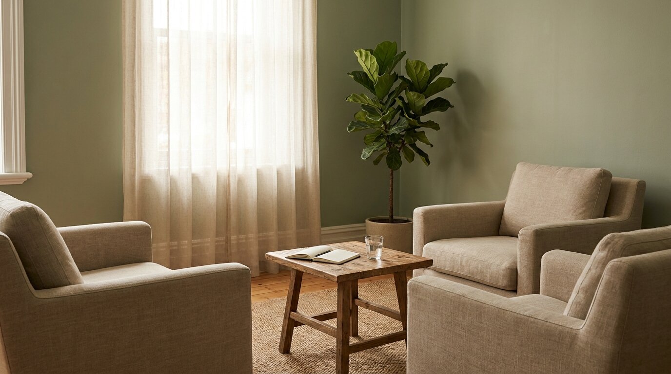 Empty calm therapy room with two armchairs representing structured psychotherapy for ketamine recovery