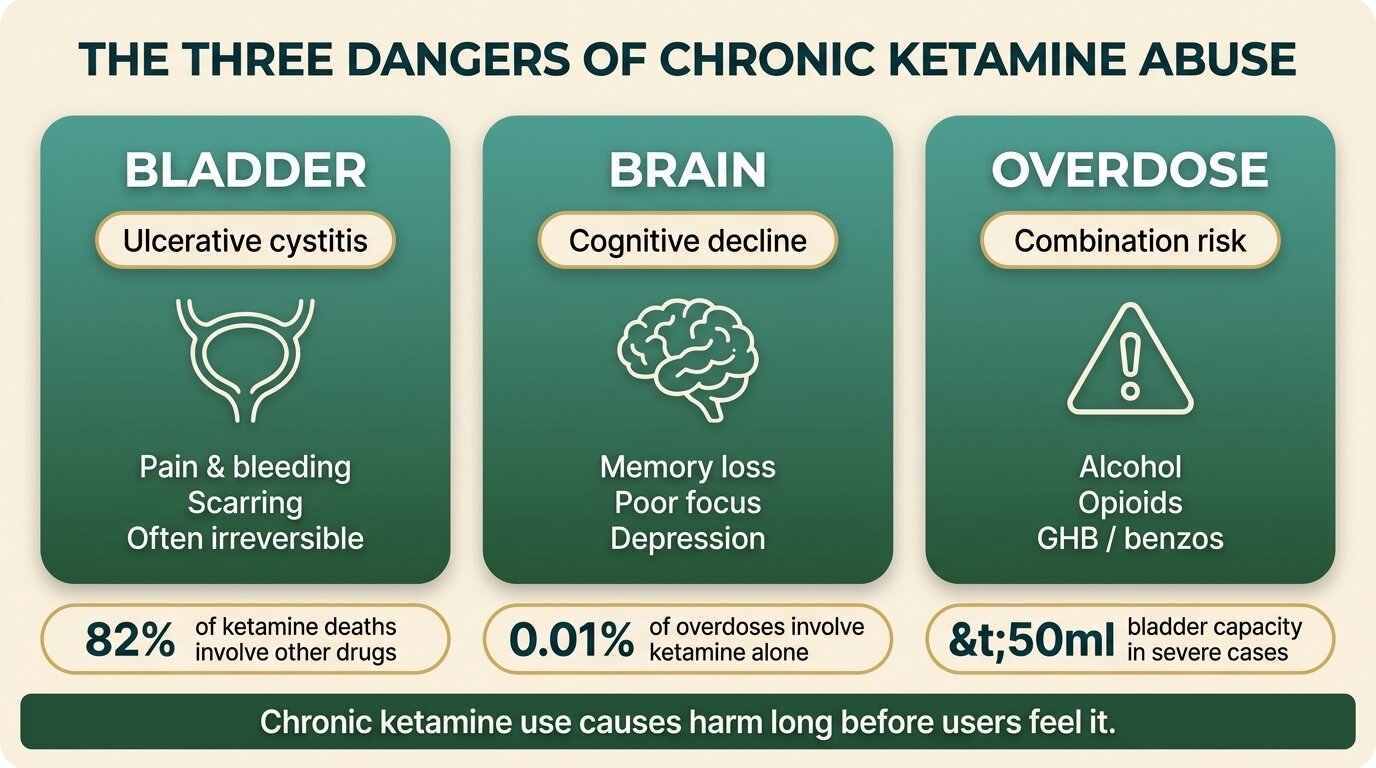 Infographic showing the three main dangers of ketamine abuse: bladder damage, brain cognitive decline, and overdose from combinations