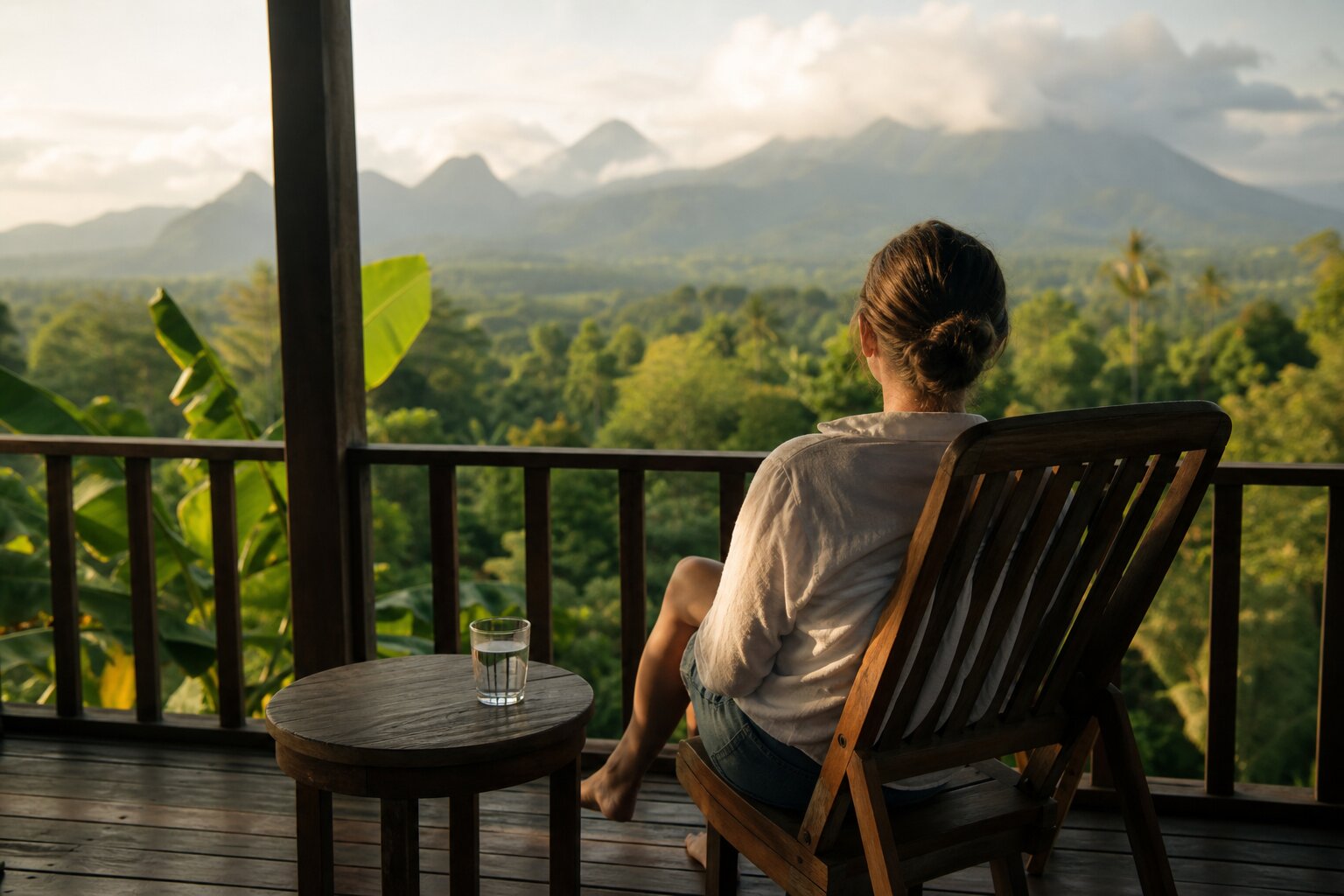 Person sitting on a balcony overlooking tropical mountains, reflecting on ketamine dissociation effects