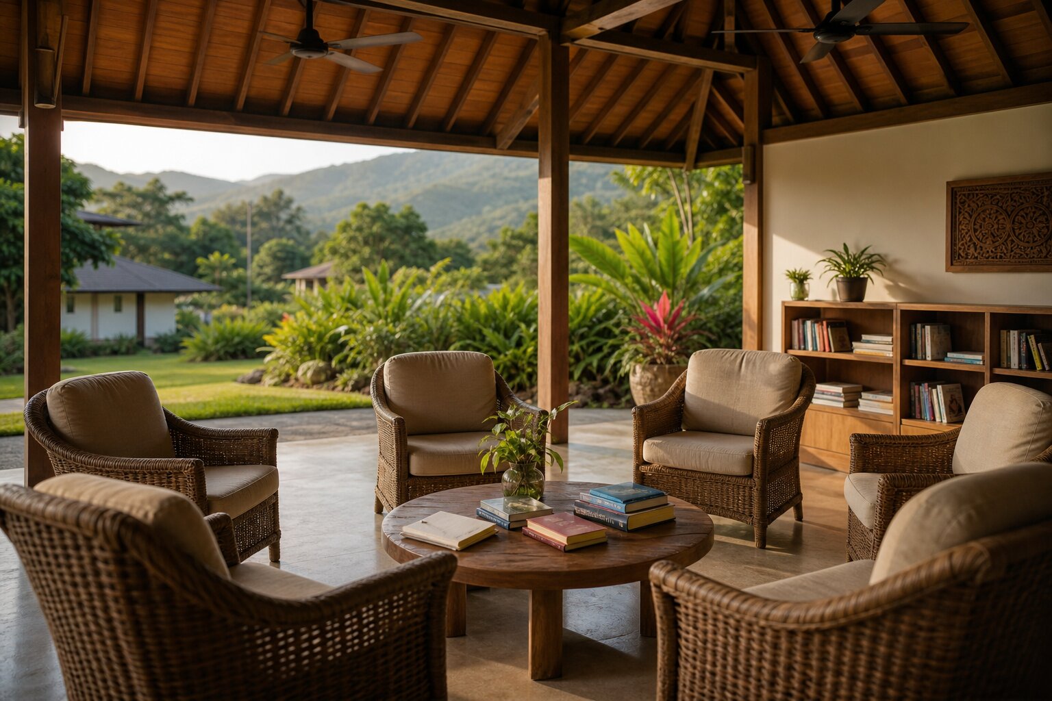 Open-air pavilion with comfortable seating in a residential treatment facility for ketamine recovery