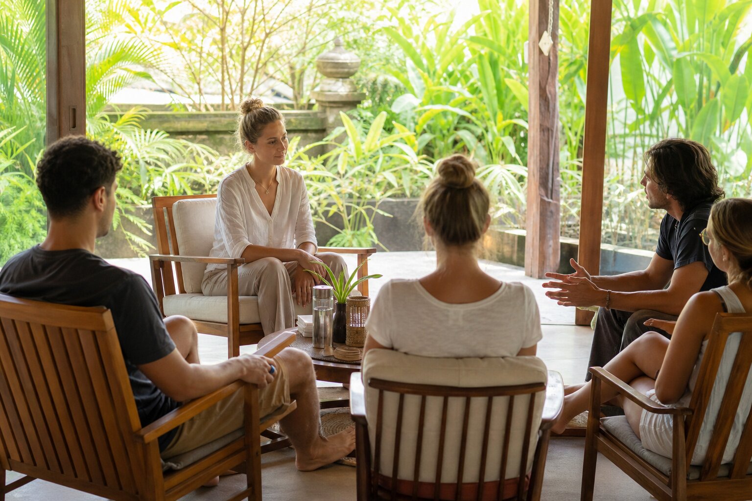 Young adults in a group therapy session at an open-air treatment space surrounded by tropical greenery