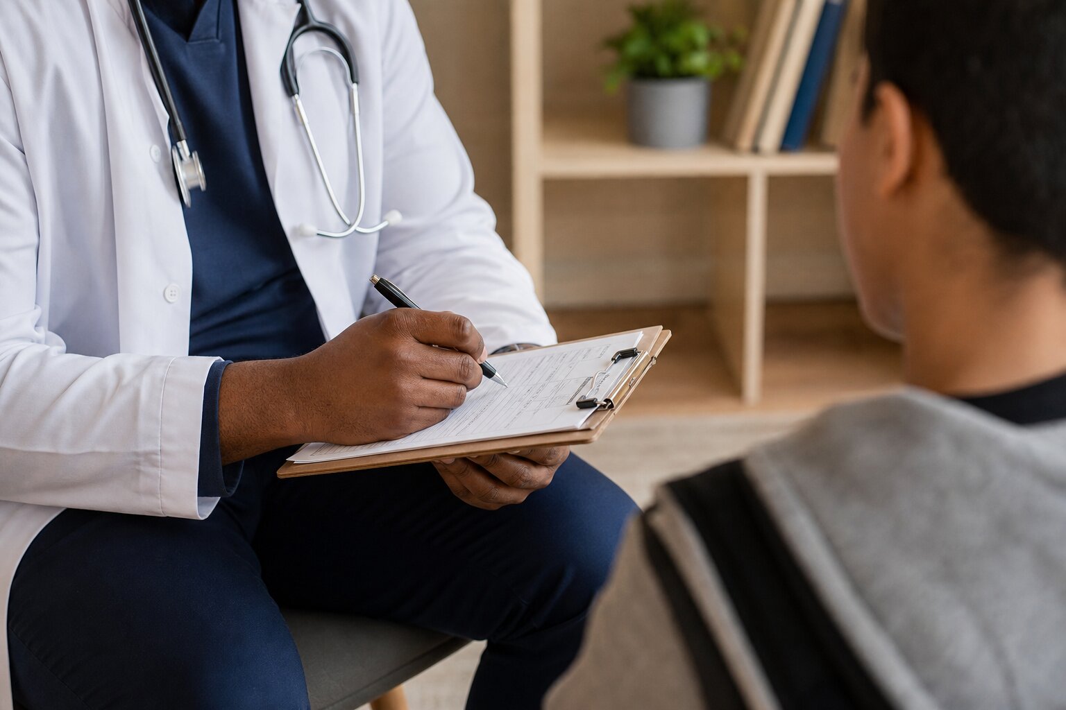 Doctor conducting a health assessment with a young person during a substance use evaluation