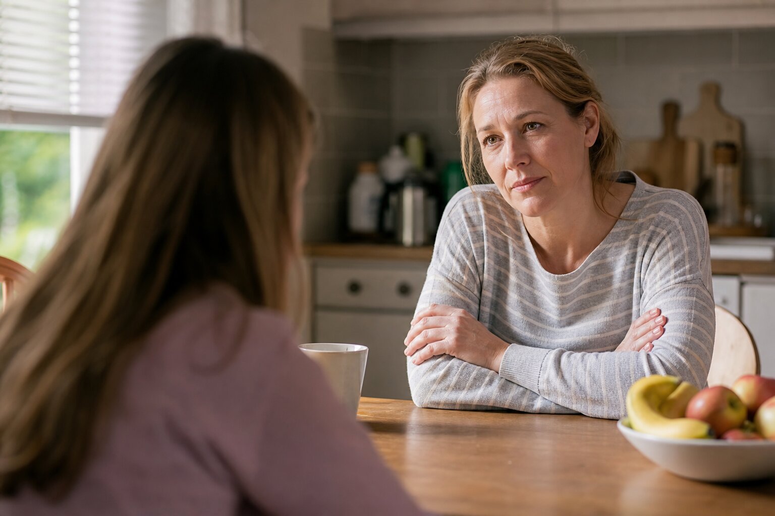 Parent sitting at kitchen table having a caring conversation with their teenager about drug use