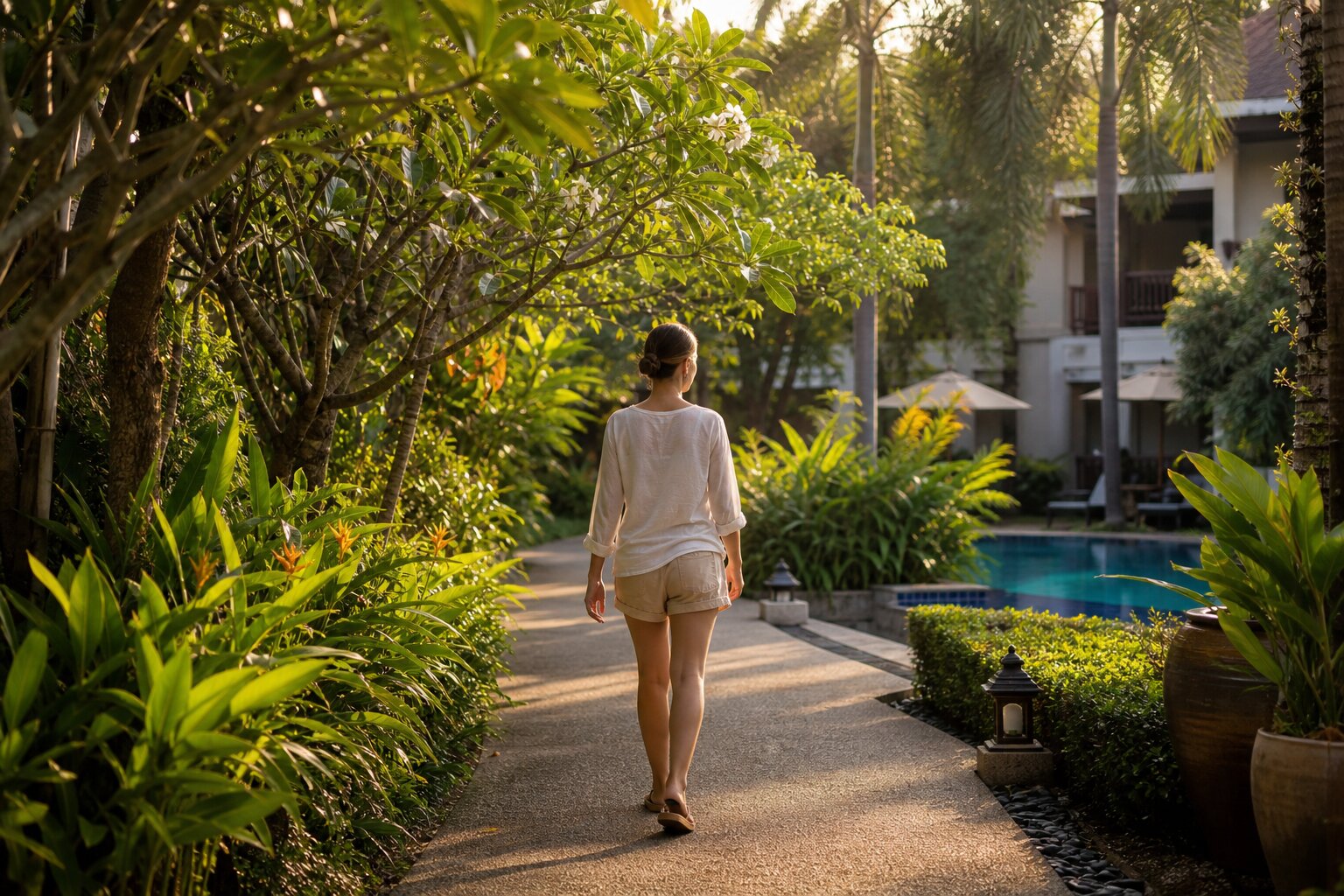 Young adult walking along a peaceful garden path at a residential treatment facility in Thailand