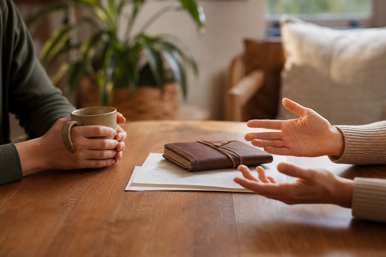 Close-up of a supportive therapy conversation for ketamine addiction treatment