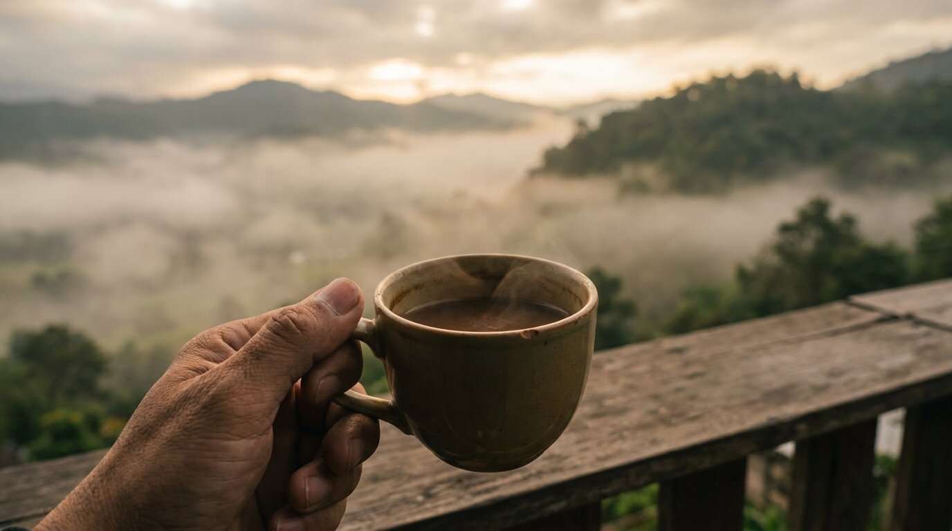 Hand holding a warm cup of tea overlooking misty Chiang Mai mountains, representing the difficult days 4-10 acute meth withdrawal phase
