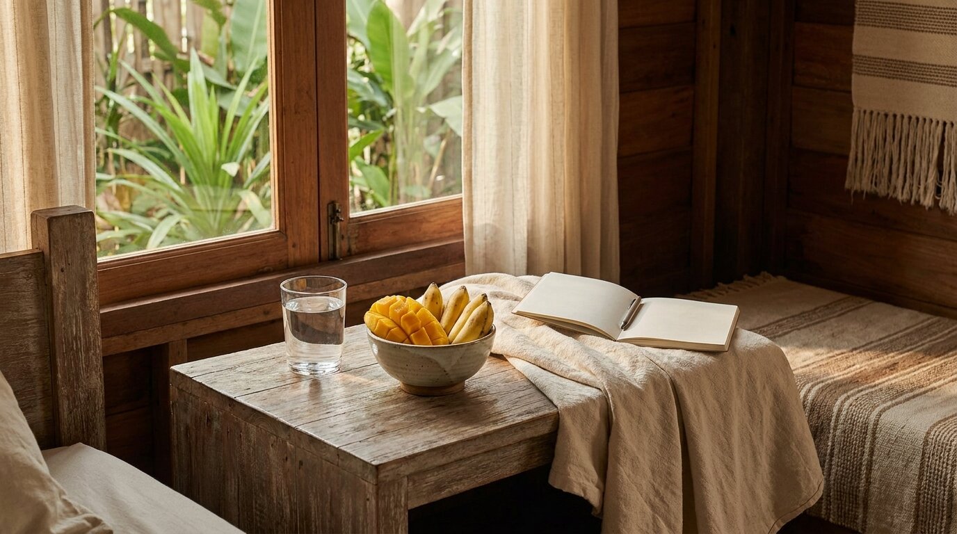 Bedside table with water, fresh fruit, and a folded blanket representing supportive care during meth detox at One Step Rehab
