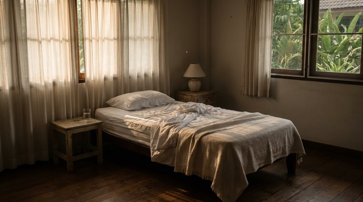 Calm, dimly lit residential bedroom representing the days 1-3 crash phase of meth detox where the body collapses into sleep