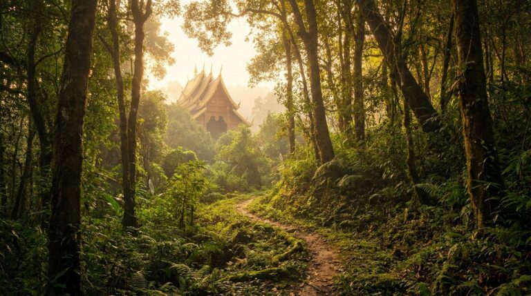 Sunlit forest path winding through the Chiang Mai hills — visual metaphor for the gradual recovery after meth detox
