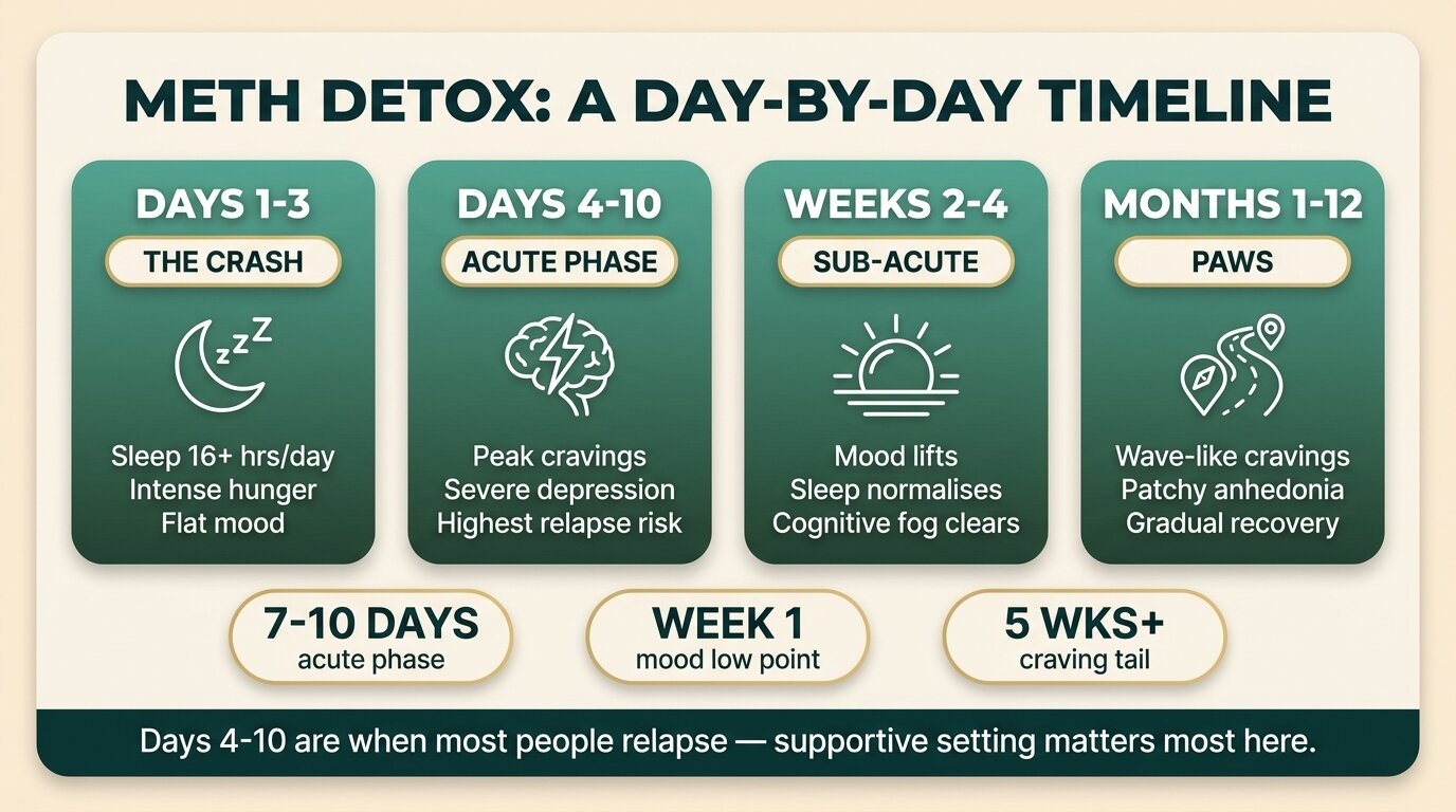 Infographic showing meth detox timeline: days 1-3 the crash, days 4-10 acute phase, weeks 2-4 sub-acute, months 1-12 PAWS