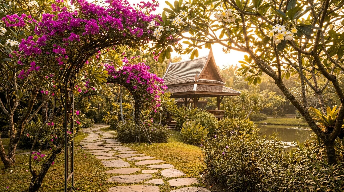 Peaceful Thai garden path with stepping stones, representing the sub-acute weeks 2-4 phase of meth detox where energy and mood gradually return
